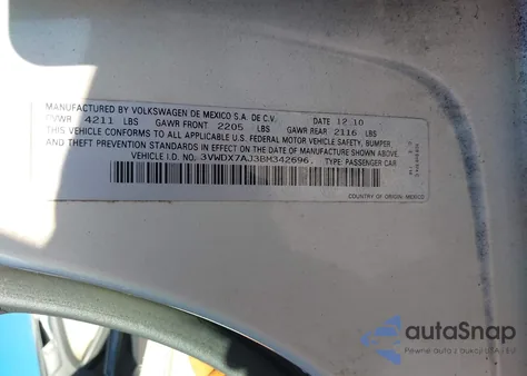 2011 Volkswagen Jetta 2.5L Se from USA, damaged, VIN 3VWDX7AJ3BM342696